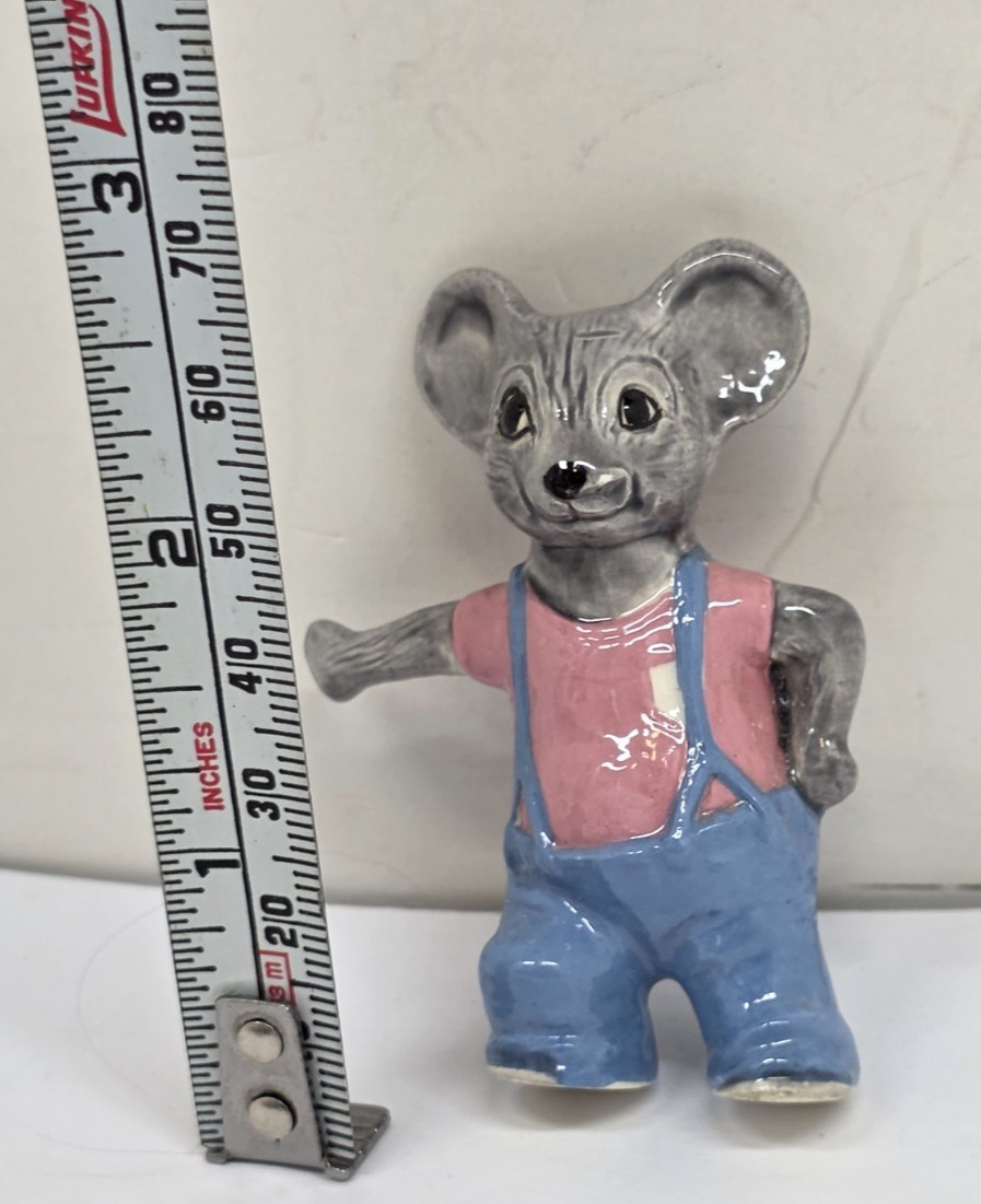 Mouse Ceramic Mini Figurine In Overalls Leaning Arm Out