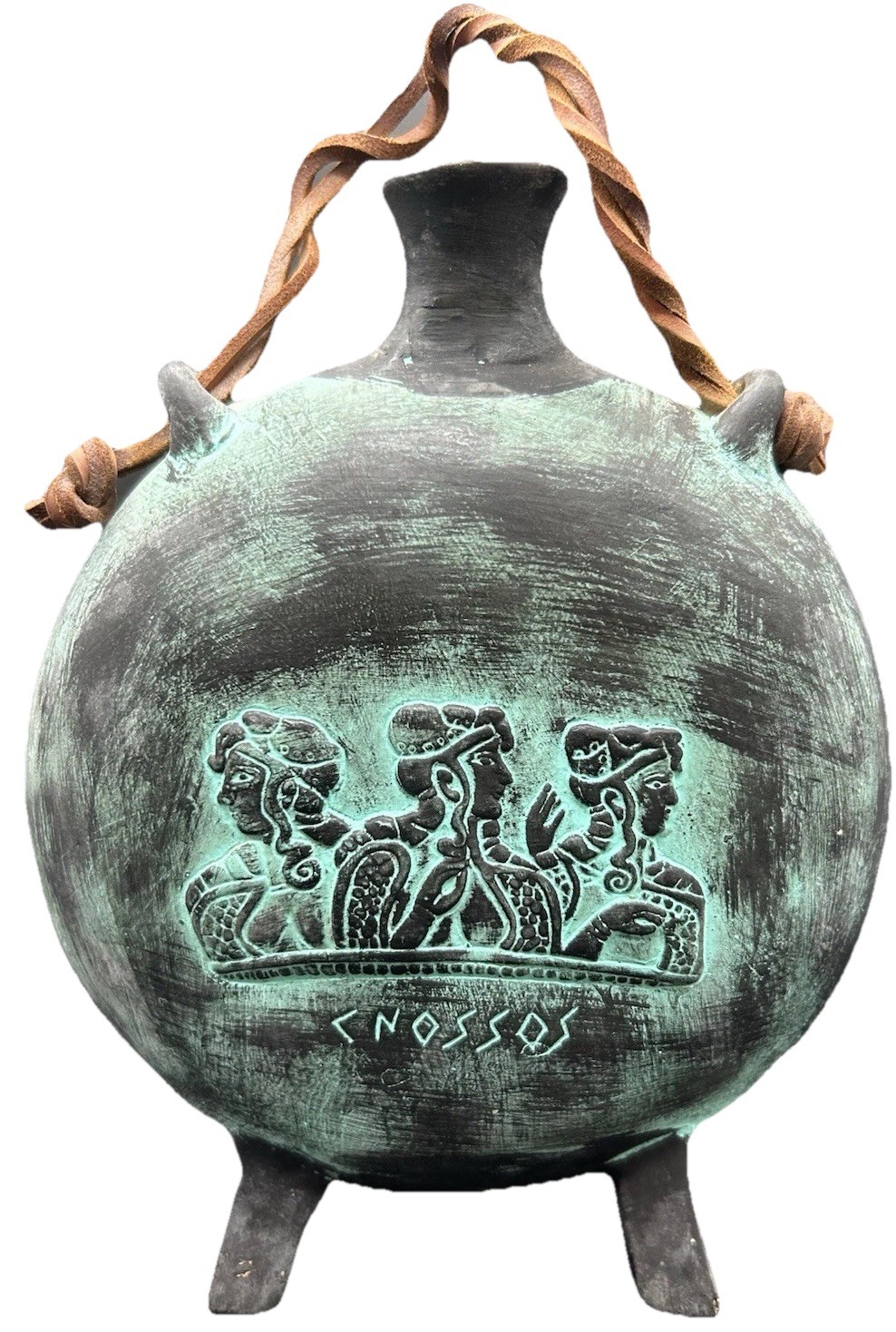 Vtg. Knossos Minoan Greek Art Pottery Drinking Flask w/ 3 Ladies & Labrys