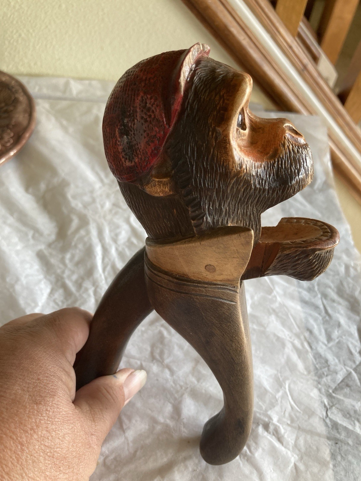 Vintage BLACK FOREST Swiss Carved Wood Ape With Collar & Glass Eyes NUTCRACKER
