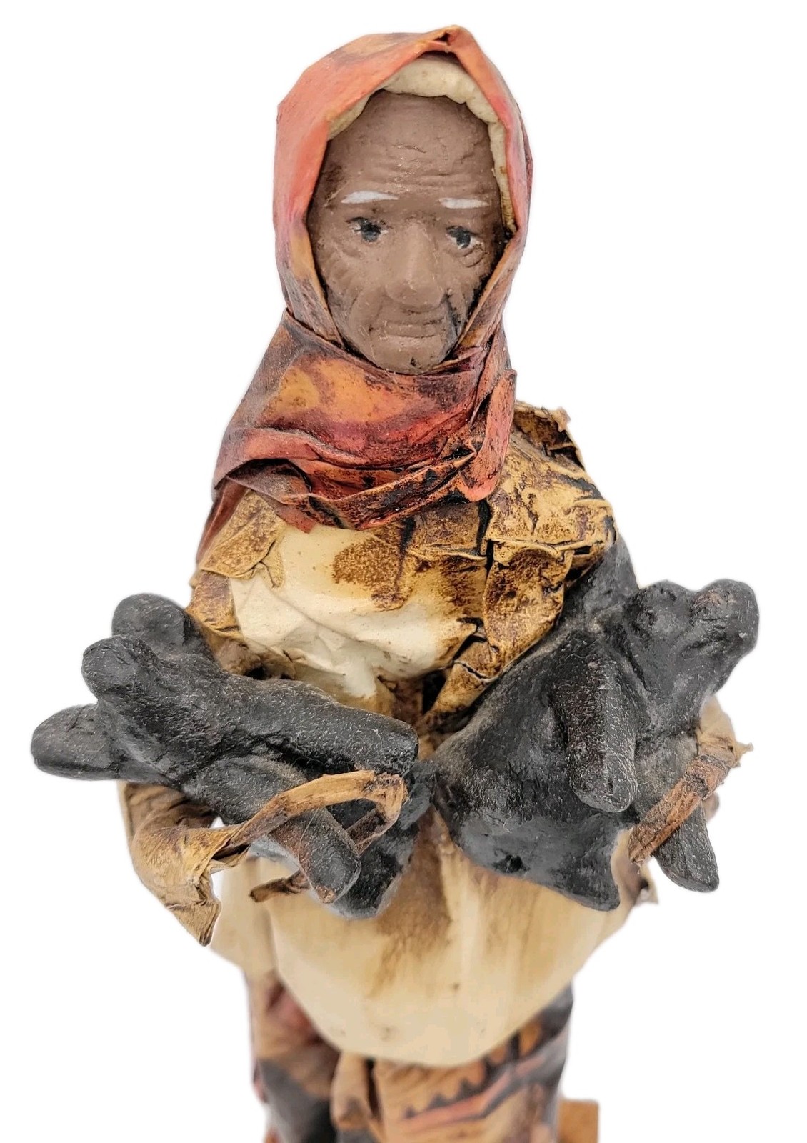 Vintage Mexican Folk Art Paper Mache 13″ Peasant Woman Carrying Pigs