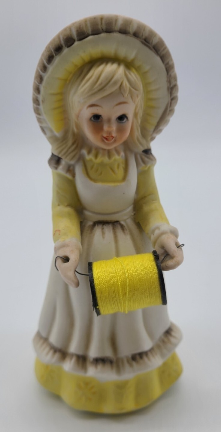 Vintage Hand Painted Bisque Seamstress Caddy Pin Cushion Girl Figurine