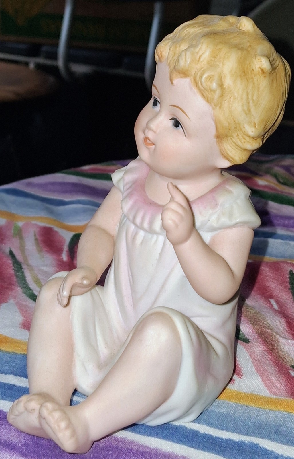 Vintage Bisque Porcelain Sitting Piano Baby Girl #7534 Andrea by Sadek Japan 5″