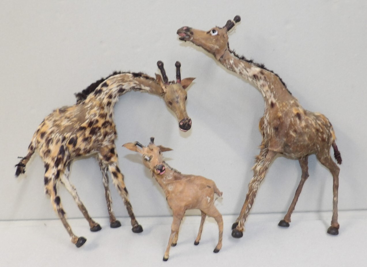 Vintage Antique Handmade Leather & Fur Wrapped Giraffe Family w/ Glass Eyes