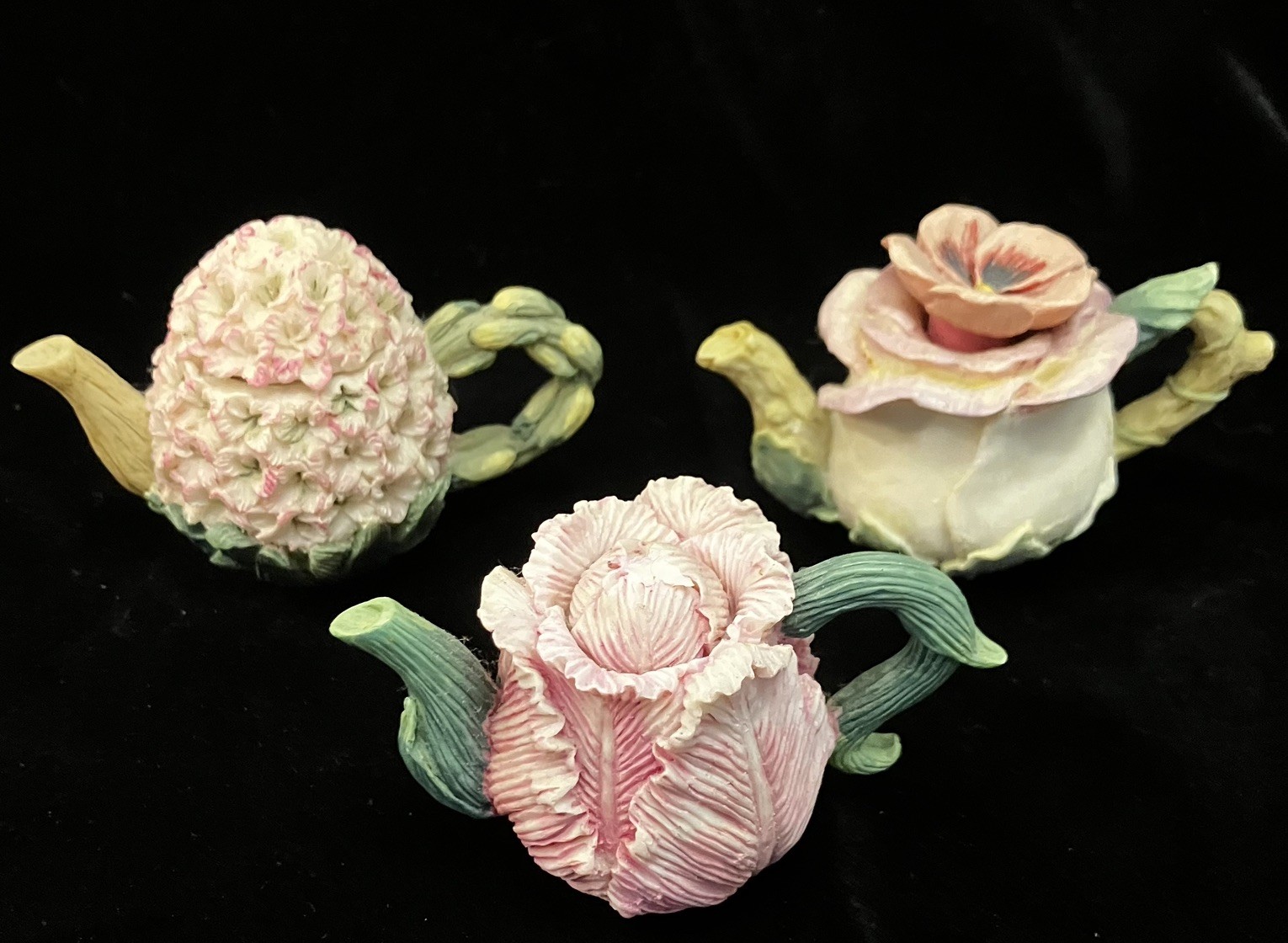 Set of 3 Miniature Flower Doll House Fairy Teapots Hydrangea Camellia Rose Tulip