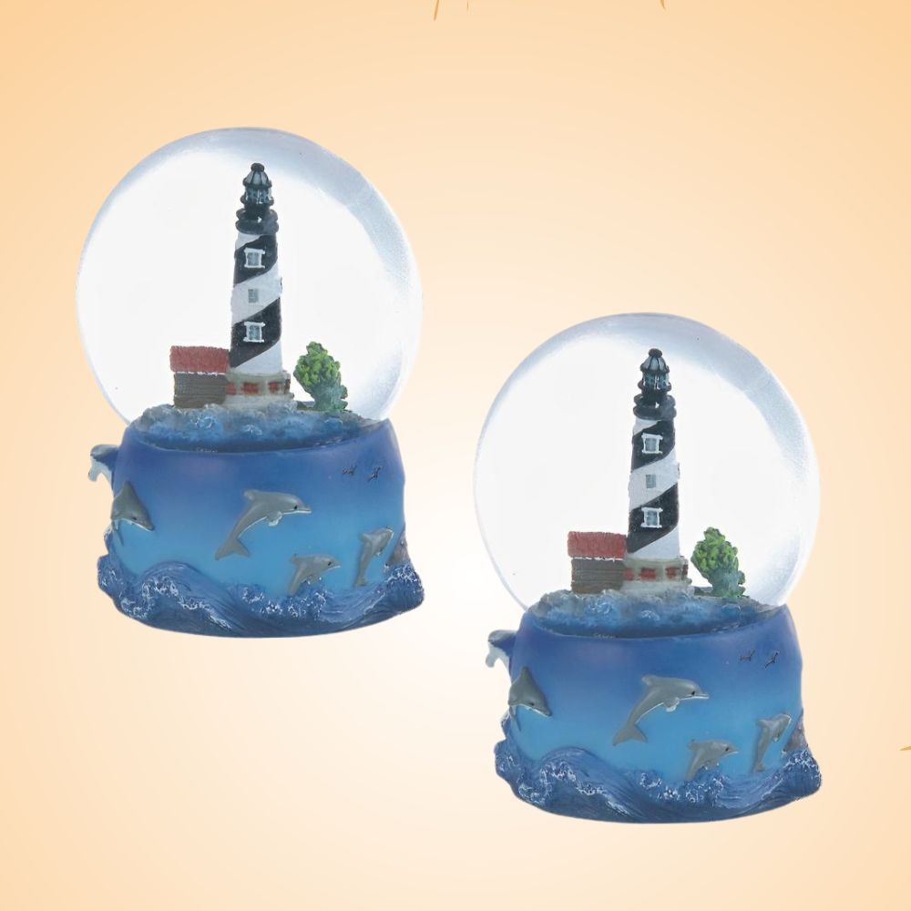 2-PC Gift Set 3.5″H Cape Hatteras Lighthouse Glitter Snow Globe Ornament Decor