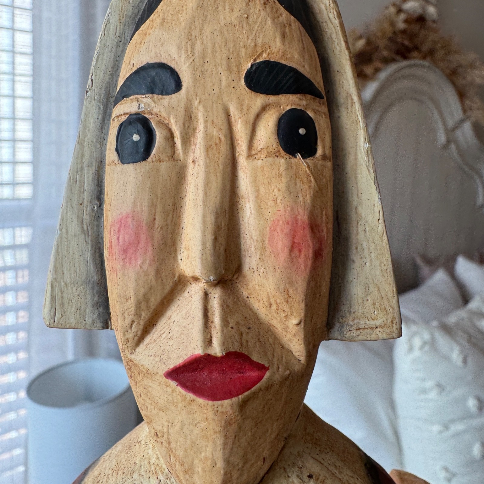 Vintage Hand Carved Wooden Female Pilgrim Jointed Figure Hang Off Mantle 16″