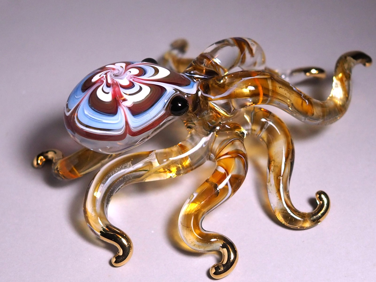 maroon Blue Octopus figurine handmade blown art glass gold trim 4.25″ decor Gift