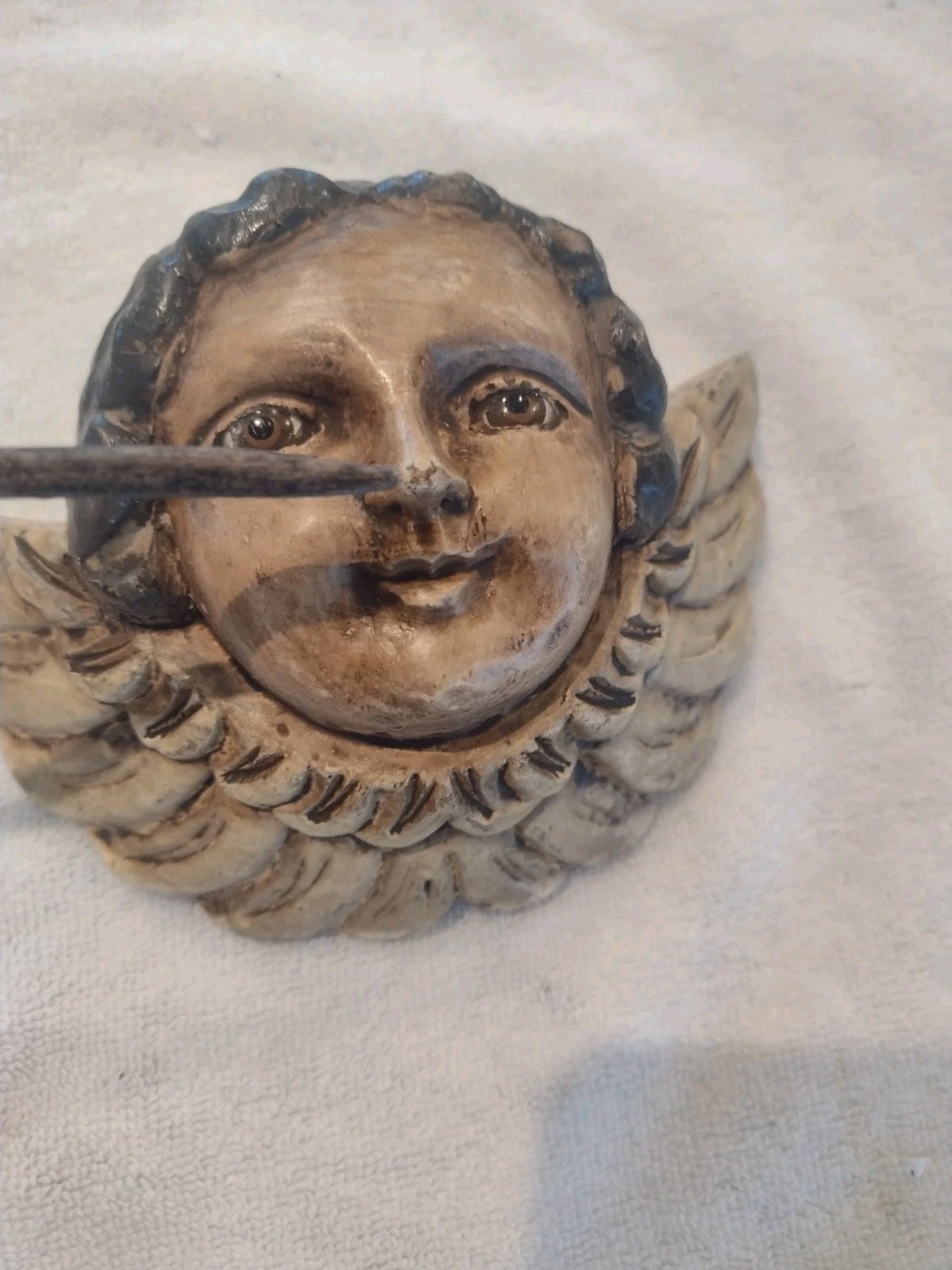 Antique Carved Wood Polychrome Putto Putti Angel Head with Glass Eyes READ