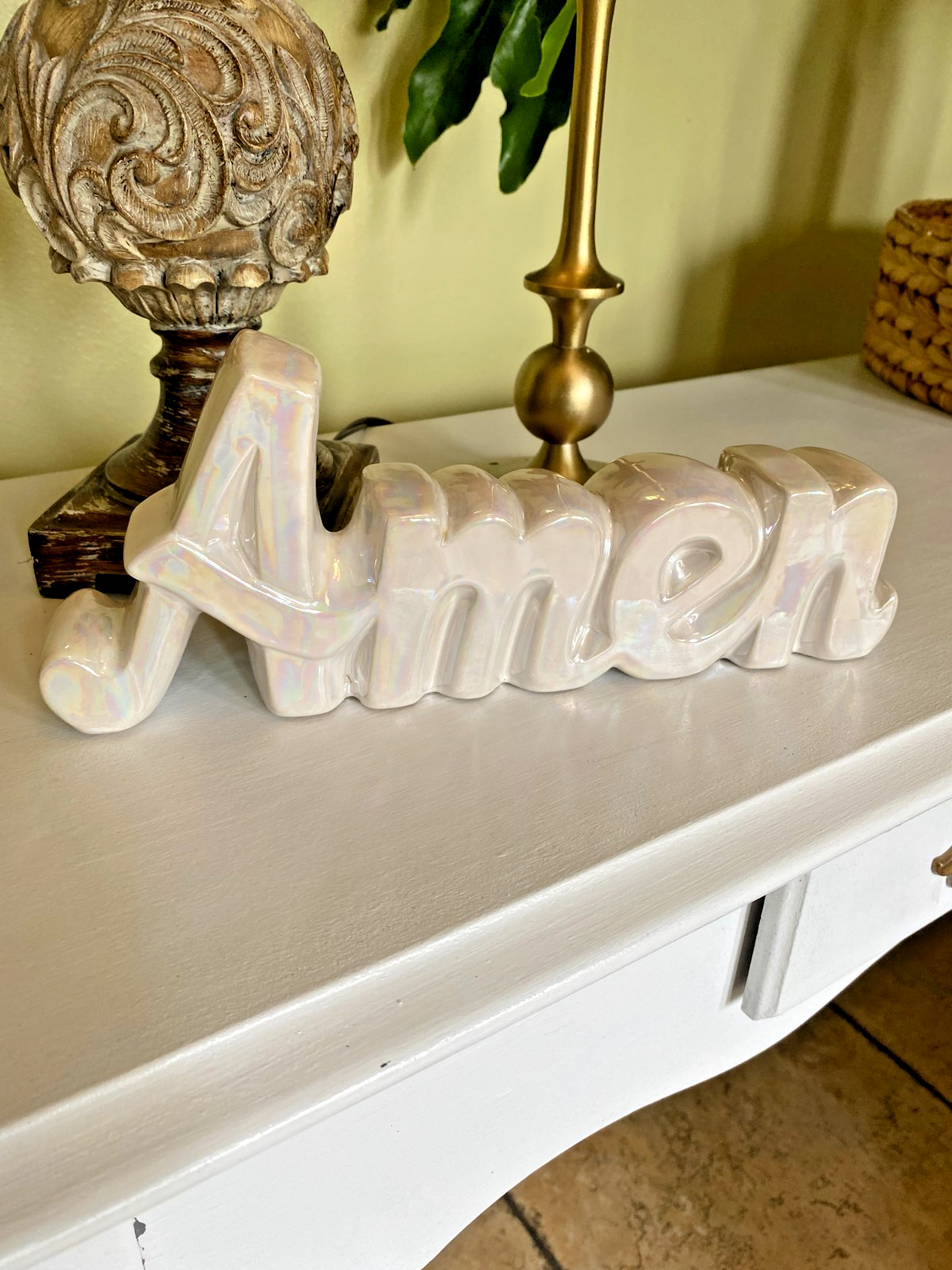 White Ceramic ” AMEN” Shelf Decor