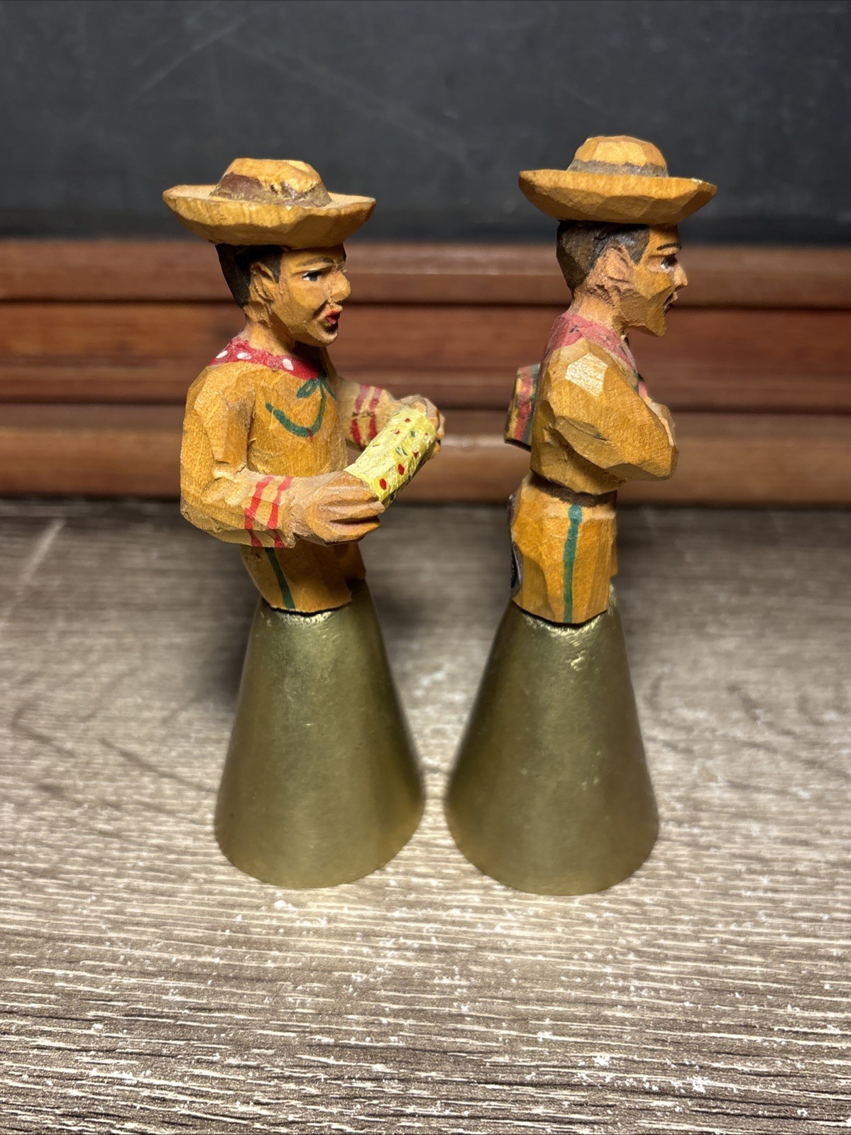 Vintage Brazil São Paulo Carved Painted Wooden Figure Metal Bell Folk Art Set D1