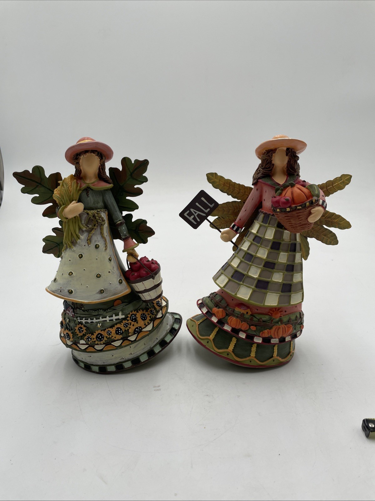 Set of 2 Autumn Harvest Angel Figurines – Resin Leaf Wings – Fall Decor