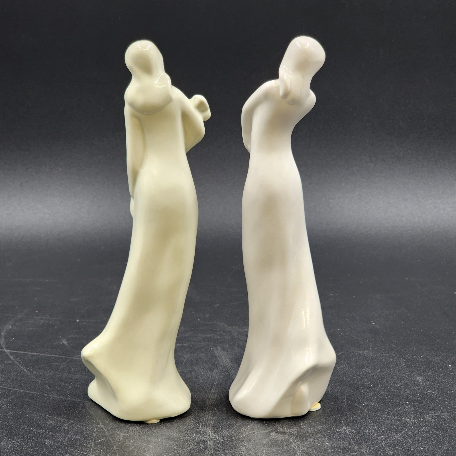 2 Faceless Women Figurines Solid White & Off-White Glazed Porcelain Flowers 8.5″