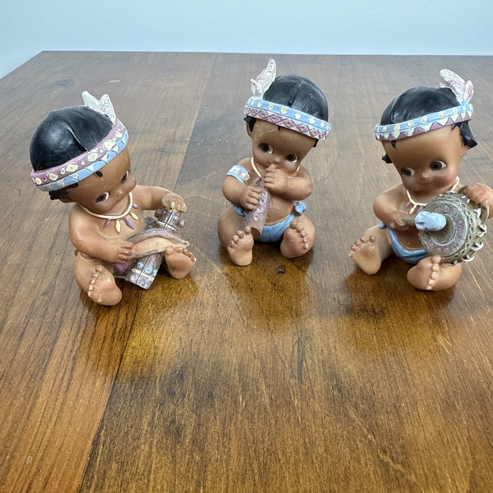 Set Of 3 Vintage Native American Baby Resin Figurines Playing Instruments 2.5”