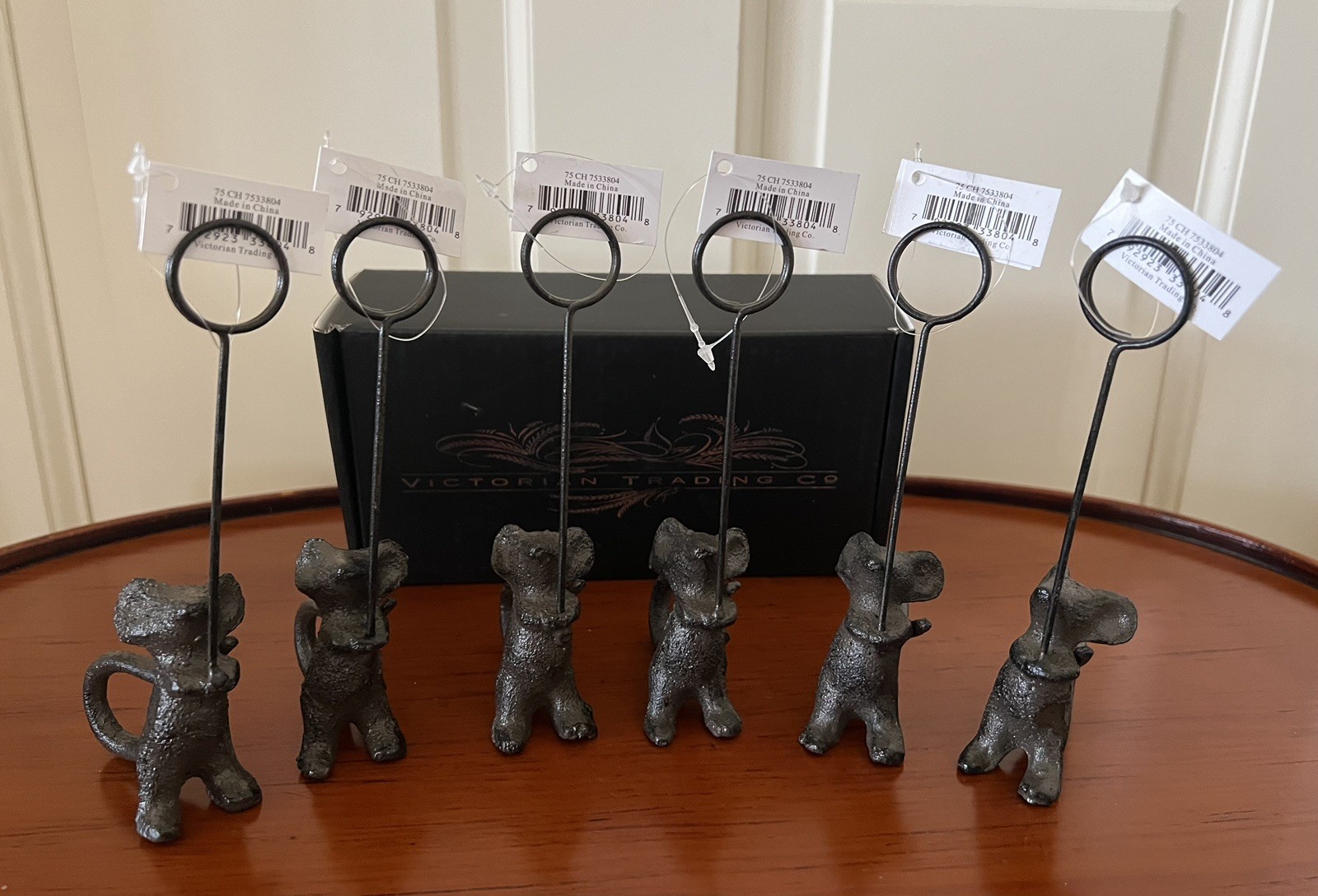 Cast Iron Mouse Card Holder Figurine’s Set Of 6 Charcoal Victorian Trading Co.