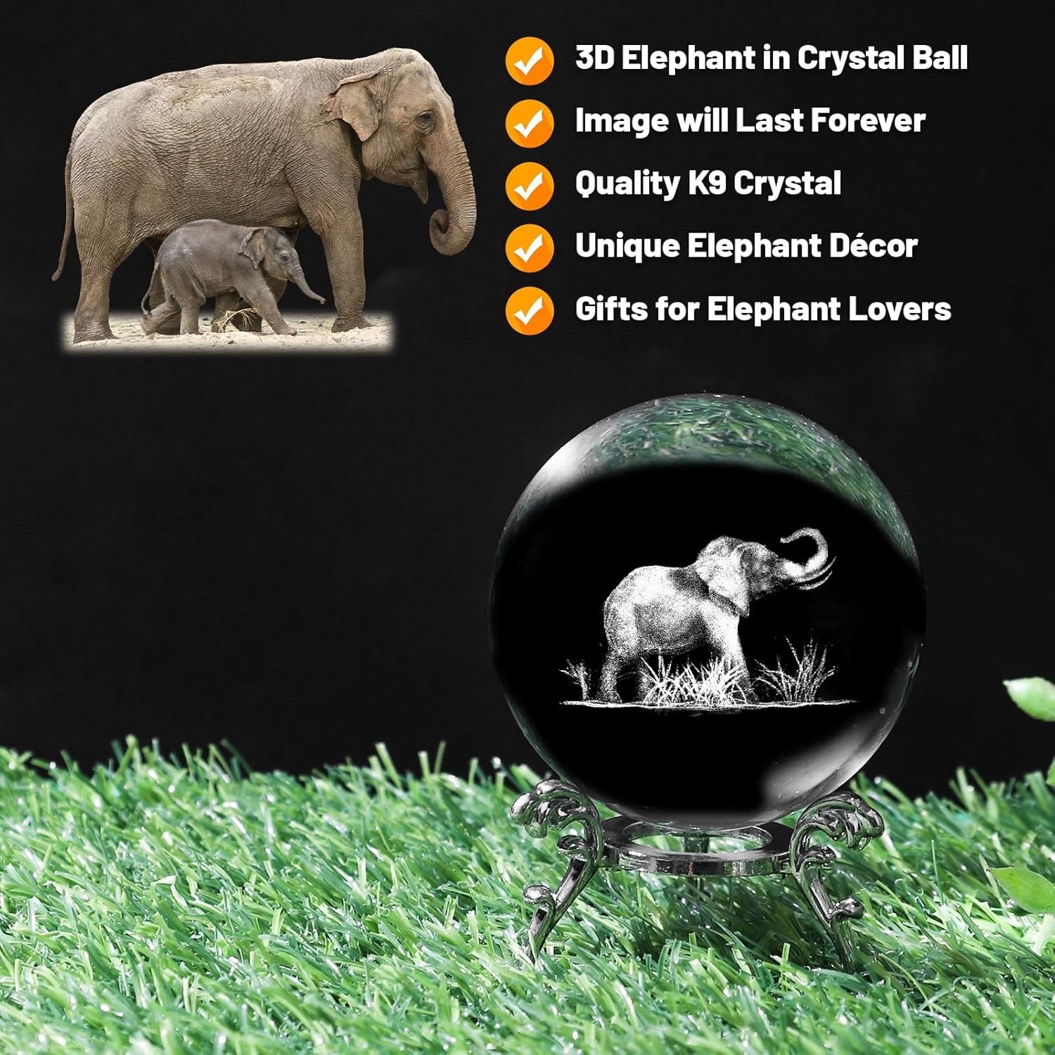 3D Elephant Crystal Ball with Stand Lase Engraved Glass Sphere 2.36 inch