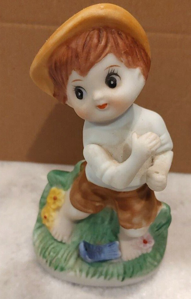 VTG Fine Porcelain Small Child Standing by Stream w/ Fish Figurine Made in Korea