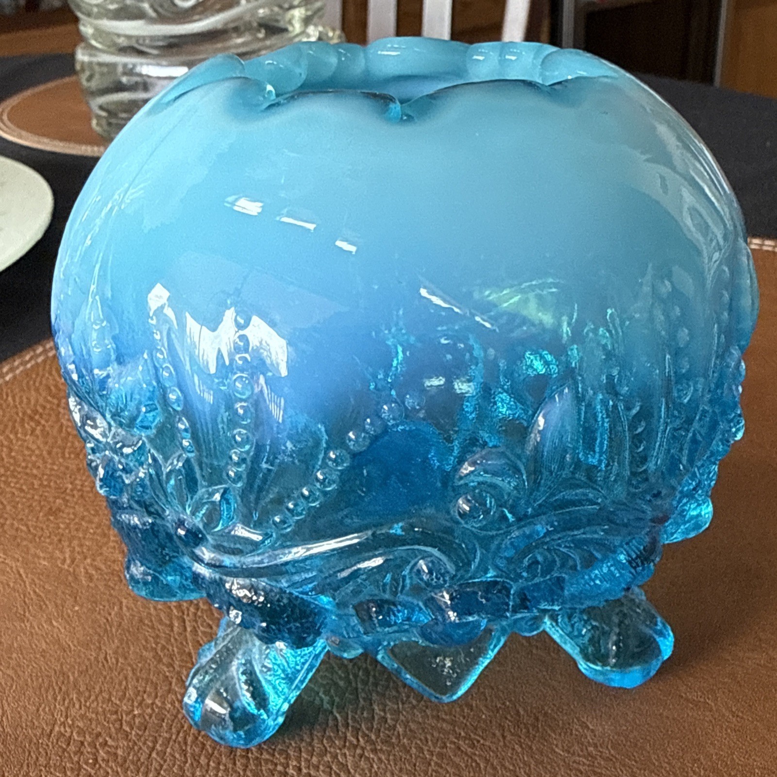 Vintage English Sowerby Blue Opal Piasa Bird Opalescent Glass Rose Bowl