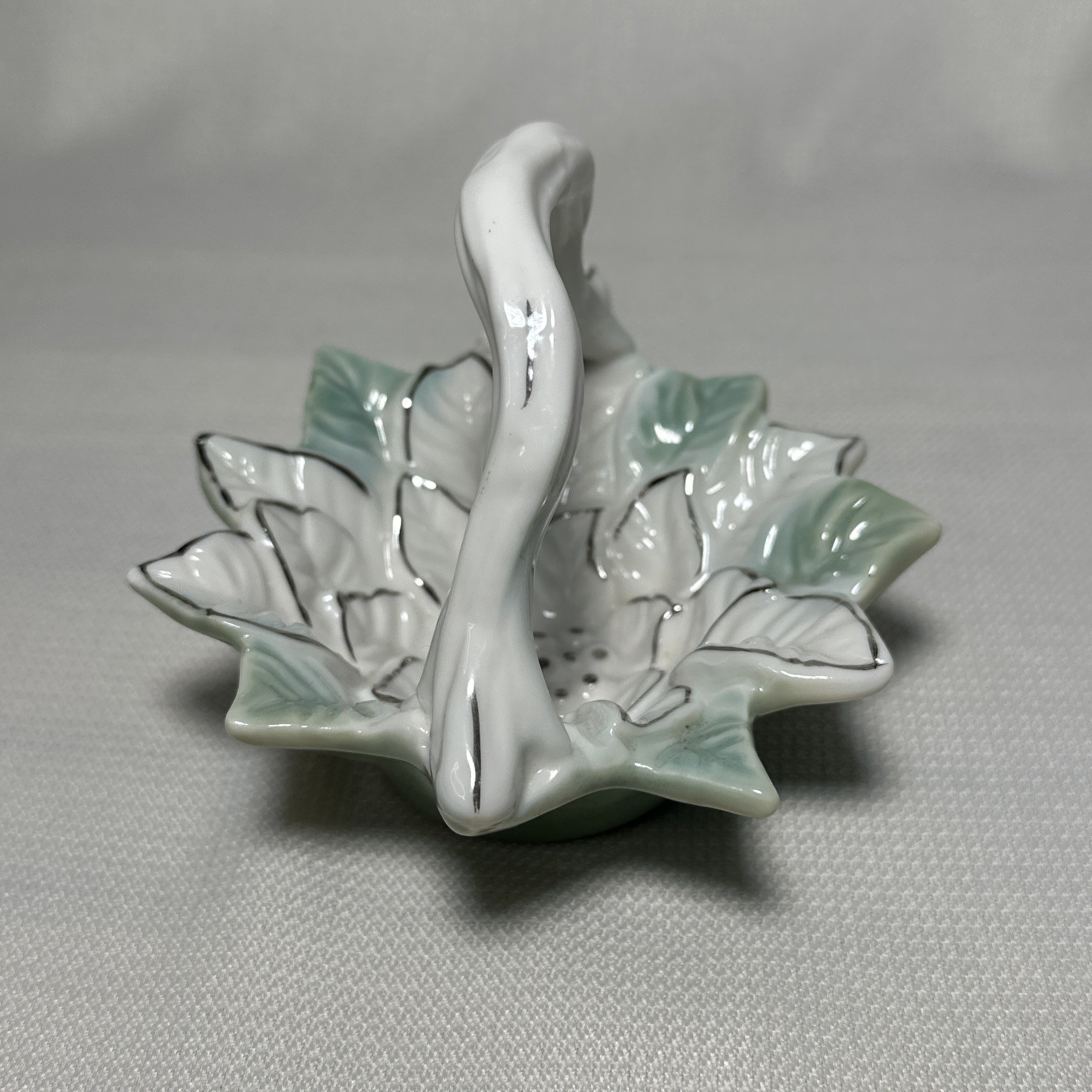Small Porcelain Handled Basket White Green Flower Silver Accent Glazed 5″x4”