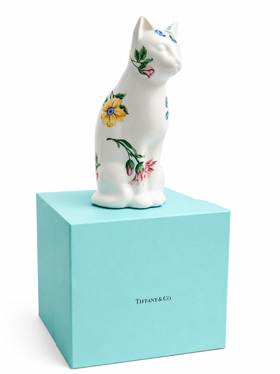 Tiffany Co 1996 Sintra Floral Cat Figurine Hand Painted Porcelain Portugal MIB