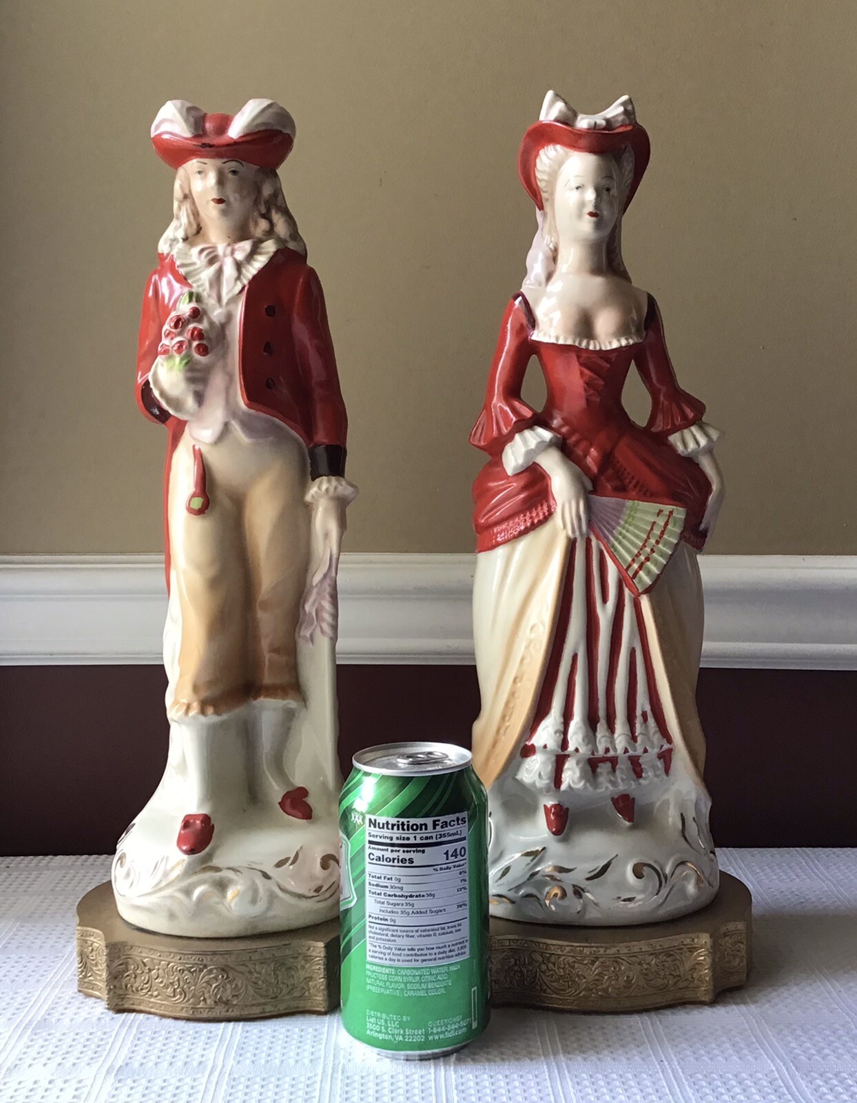 Old VTG 17.5” T Pair of Porcelain Victorian Style Lady Statues on Brass Bases