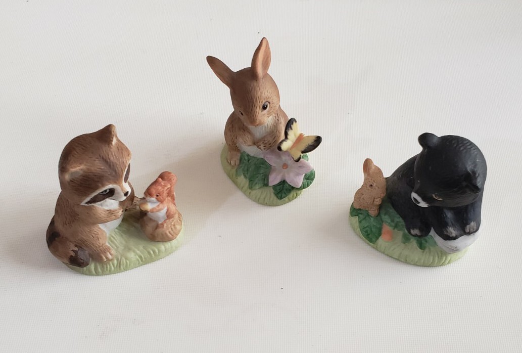 Homco Babies Raccoon and Squirrel, Rabbit and Butterfly, Black Bear and Bunny
