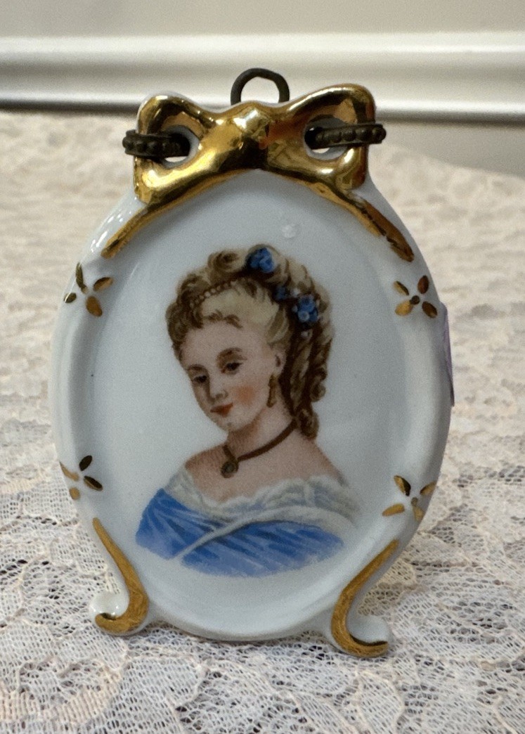 Vintage Limoges France Miniature Porcelain Portrait Lady Blue Dress Easel Frame