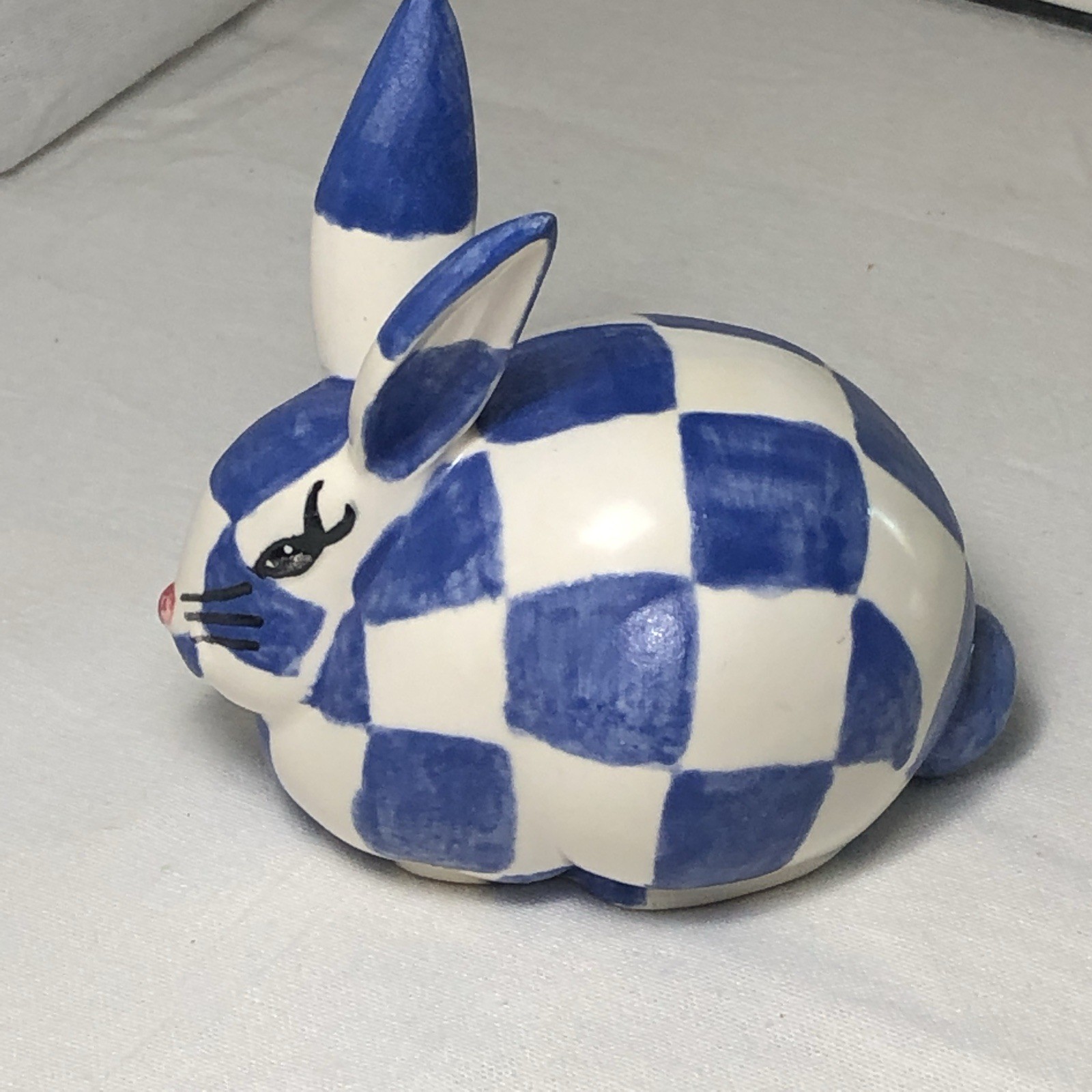 Artist-Made Hand-Painted Blue & White Checkered Porcelain Rabbit Signed Roque