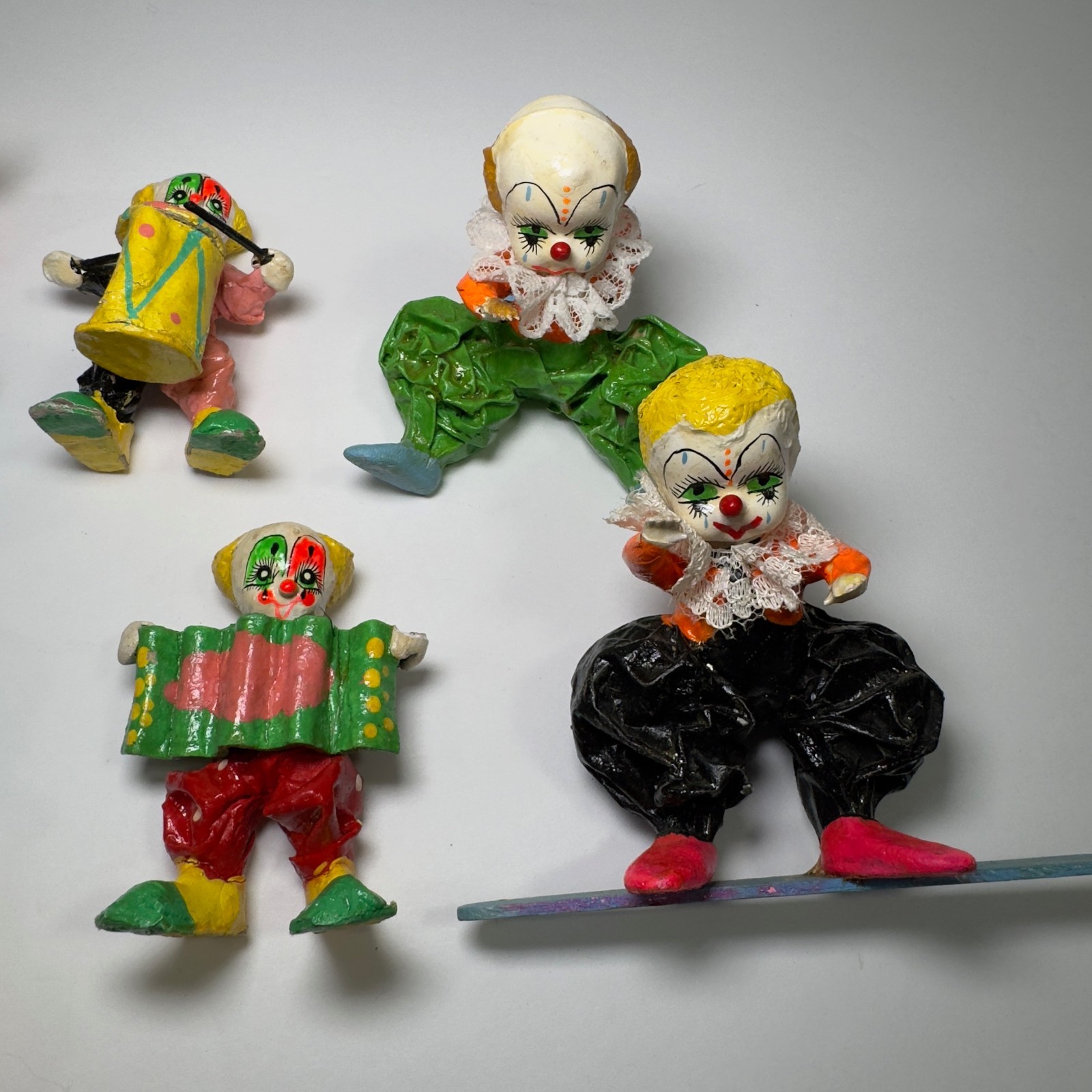 Paper Mache Clowns LOT of 7 Colorful Various Sizes Vintage Musical Instruments