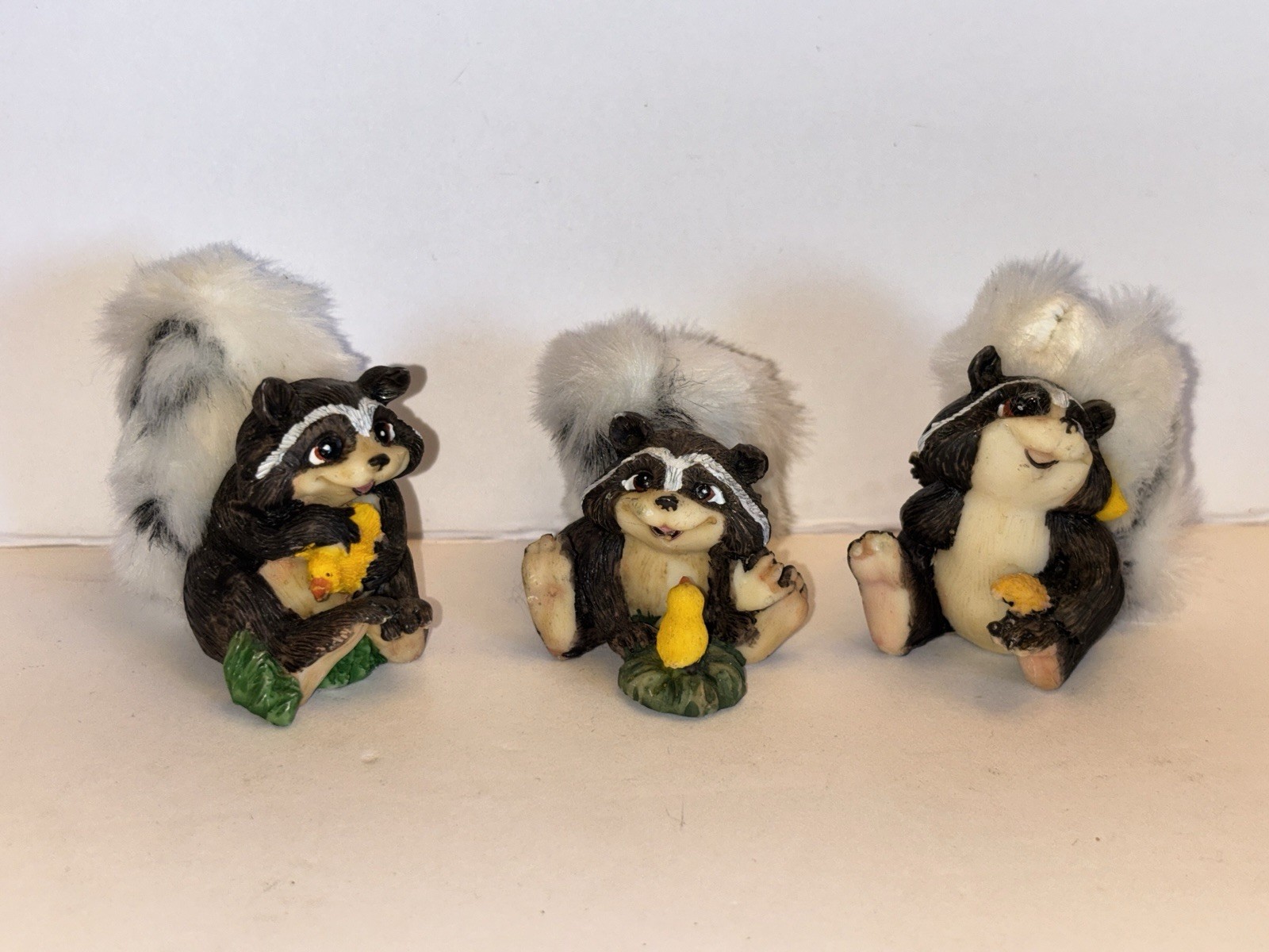 Racoon Skunk Figurine Lot 3 Animal Figure Bird Duck Fur Tails Vtg Rare Kitch
