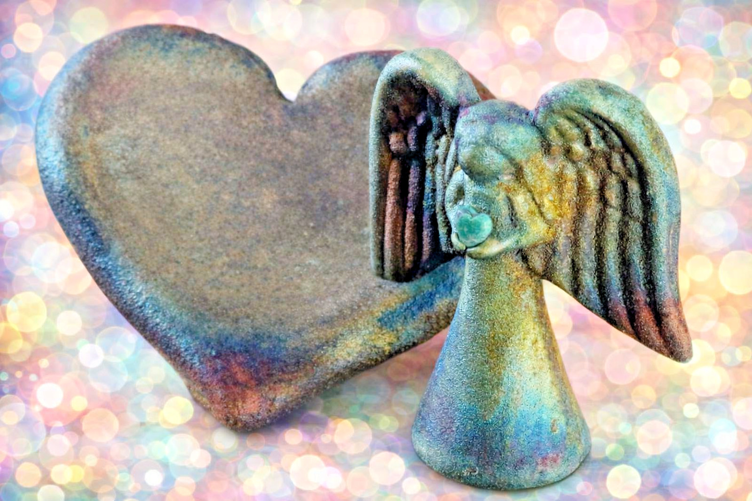 Jeremy Diller Raku Signed Mini Spirit Angel Turquoise Gem Heart + Blessed Heart