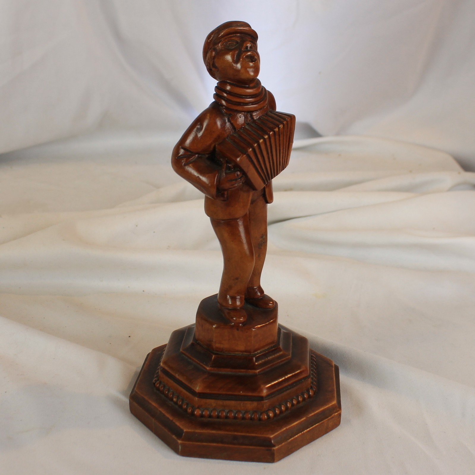 Vintage Wooden Sculpture Accordion Player Singing Unknown Artist