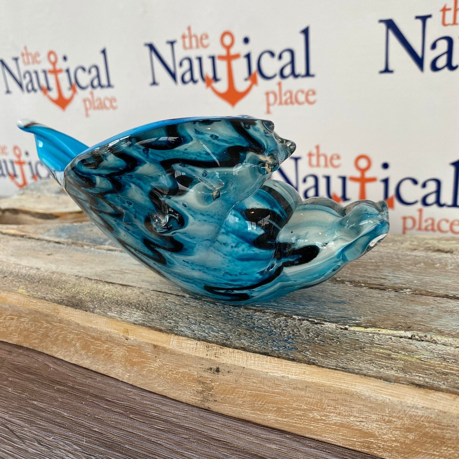 7.5″ Glass Shell Figurine , 1 lb., Aqua & Black Swirl Accents, Hand Blown Glass