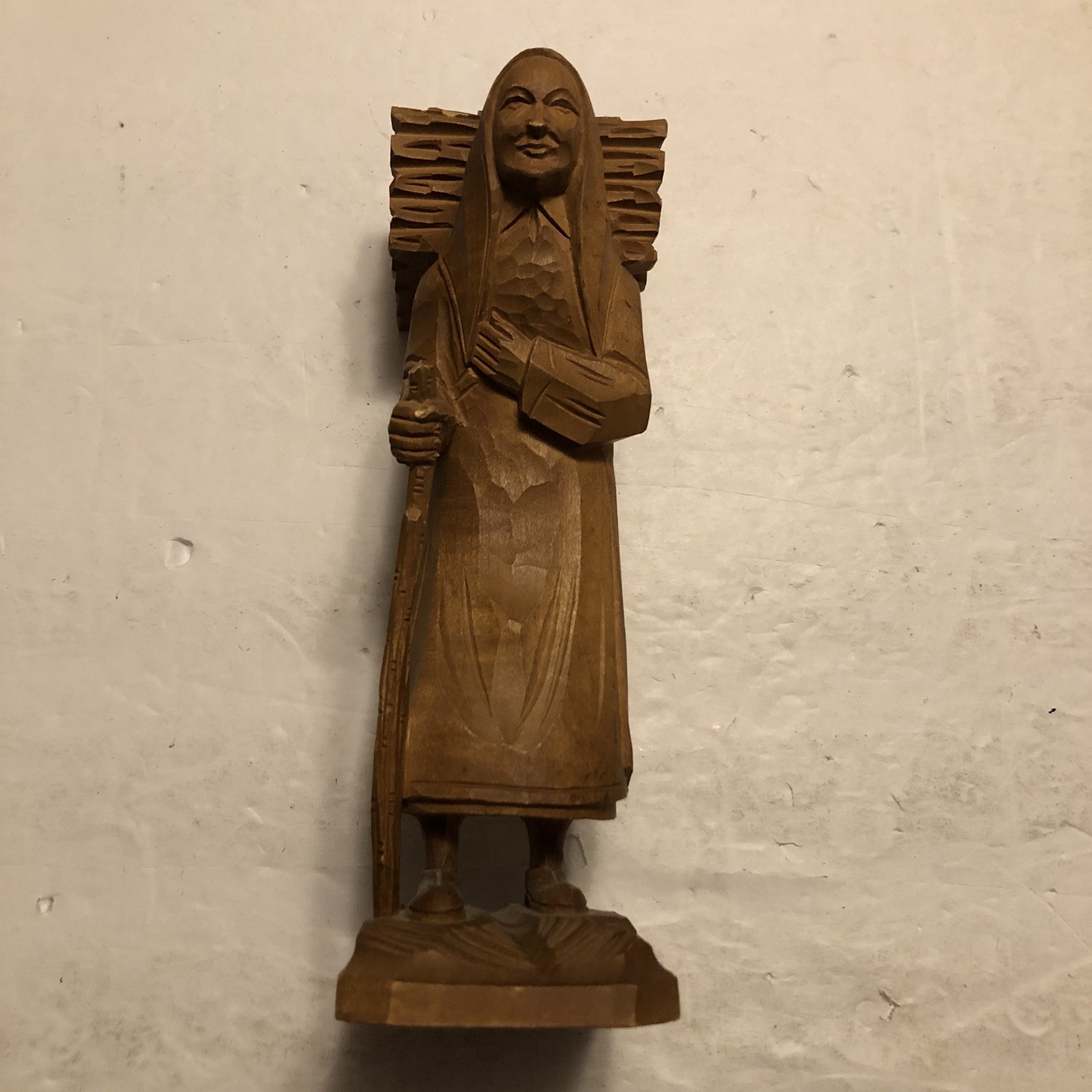 Wood Carved Older Peasant Woman Carrying Firewood Figurine Folk Art Stick Cane