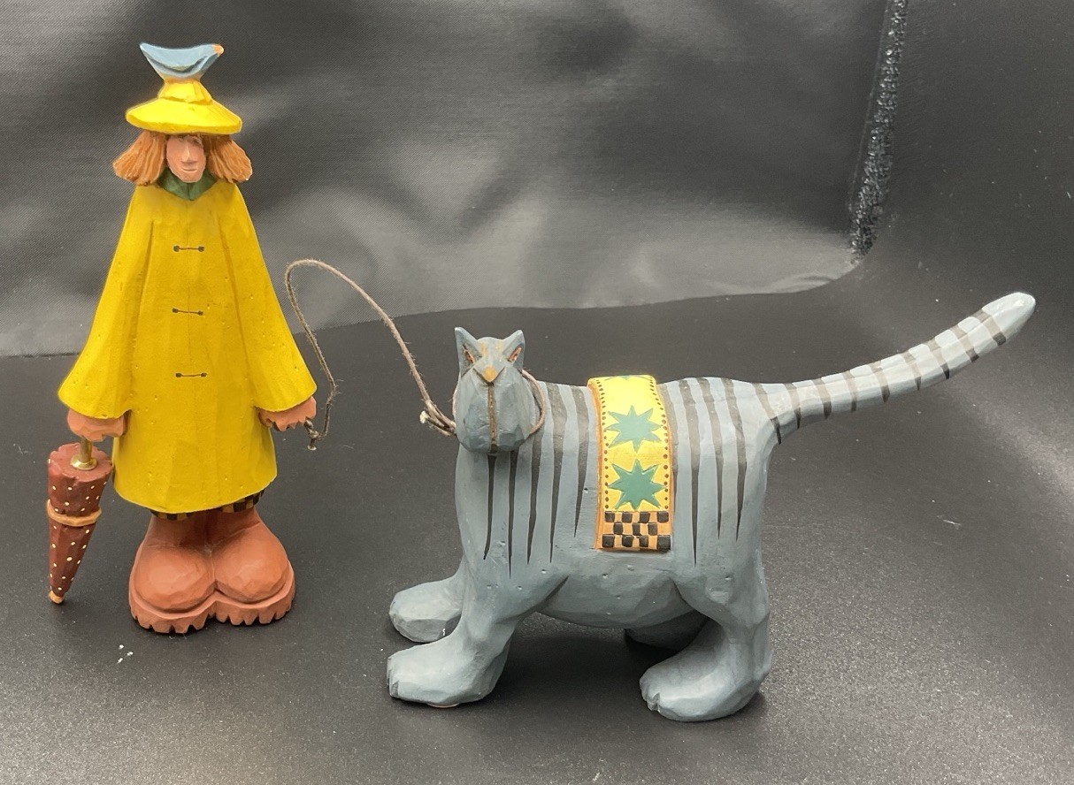 Williraye Studio Girl Walking A Cat Folk Art Figurine 1989 Cottage Core Kitty