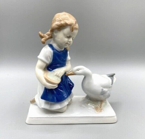 Vtg 5″ Girl Feeding Goose Porcelain Figurine Germany Crossed Swords Mark 1859
