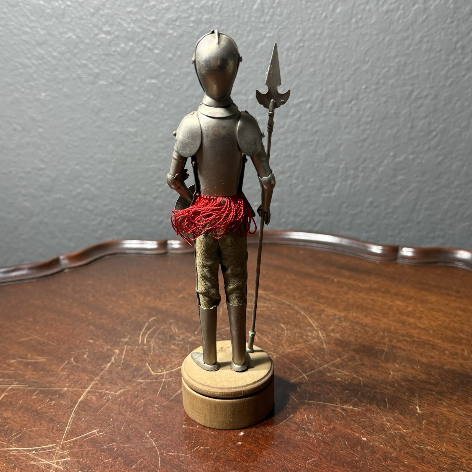 Vintage Metal Medieval Knight Suit of Armor Statue With Spear Wood Base 8″ Tall