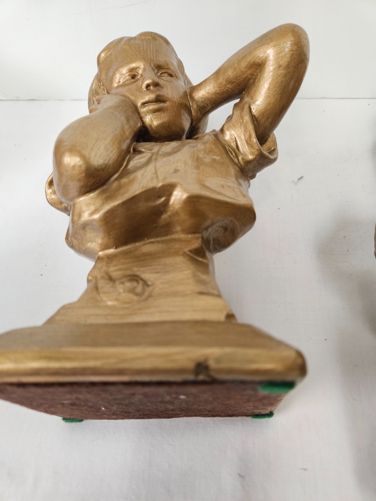 2 Esco Chalkware Gold Statues Noisy Boy with Flute Girl Holding Ears Vilianis