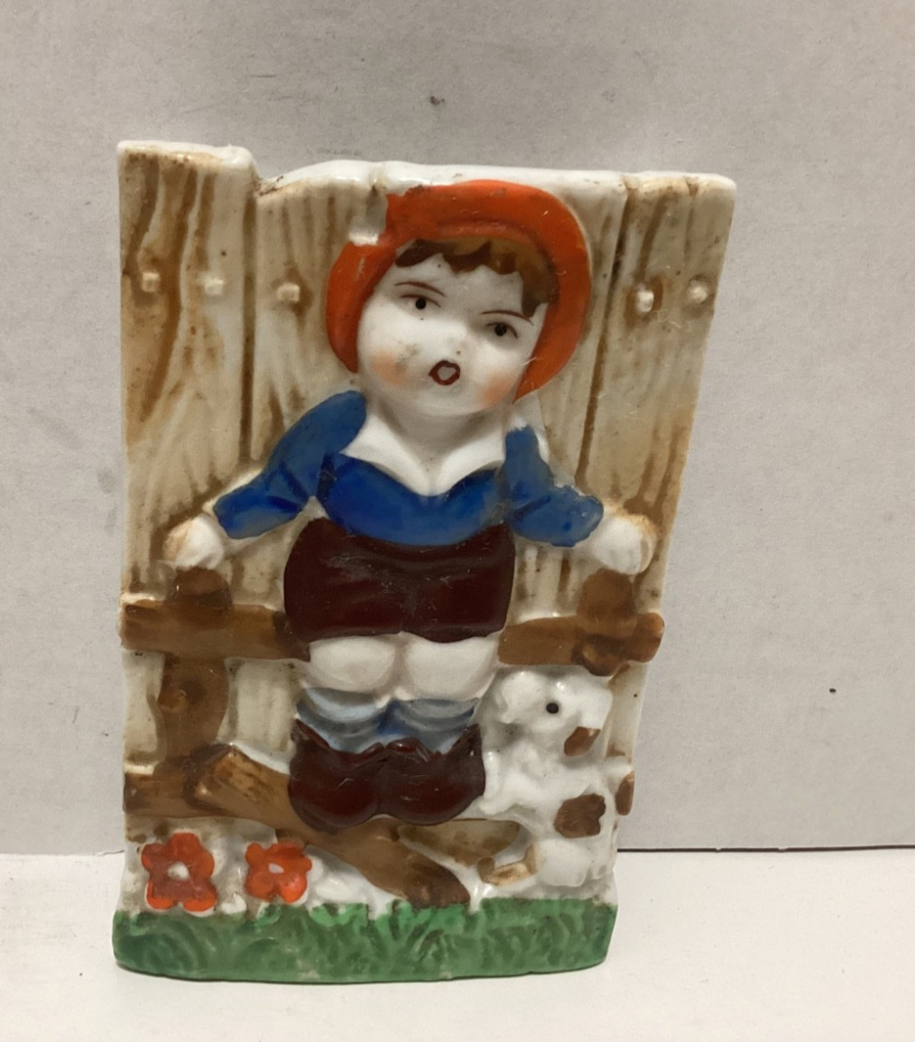 Vintage Ceramic Wall Pocket Boy with Dog