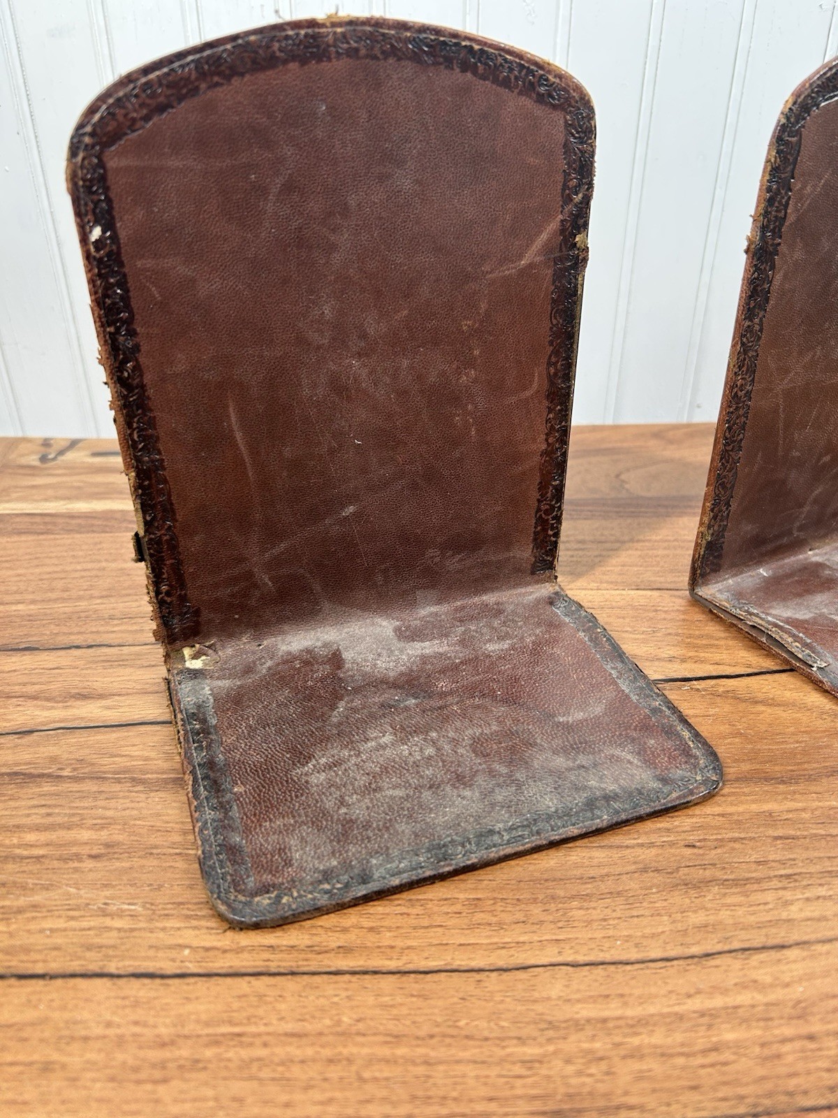 Vintage Italian Leather Wrapped Lion Head Bookends Brass Ring Pull Library Decor