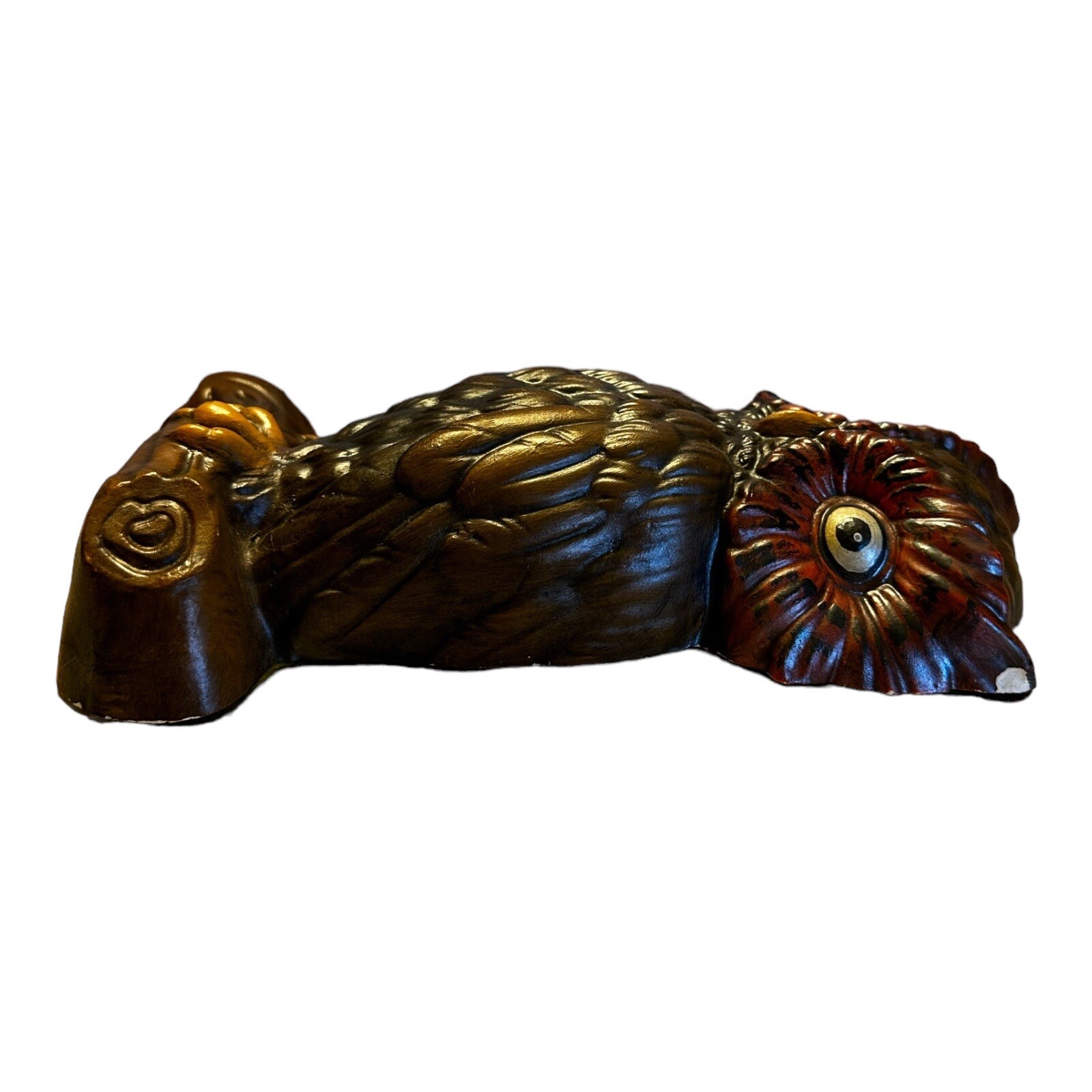 Vintage Chalkware Plaster Brown Owl Perched On Log Wallhanging Handpainted