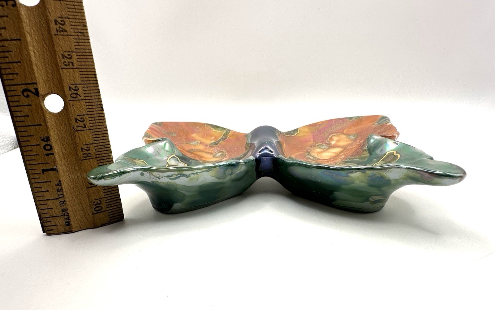 Ceramic Iridescent Glaze Blue Orange Trinket Jewelry Dish Butterfly Pottery