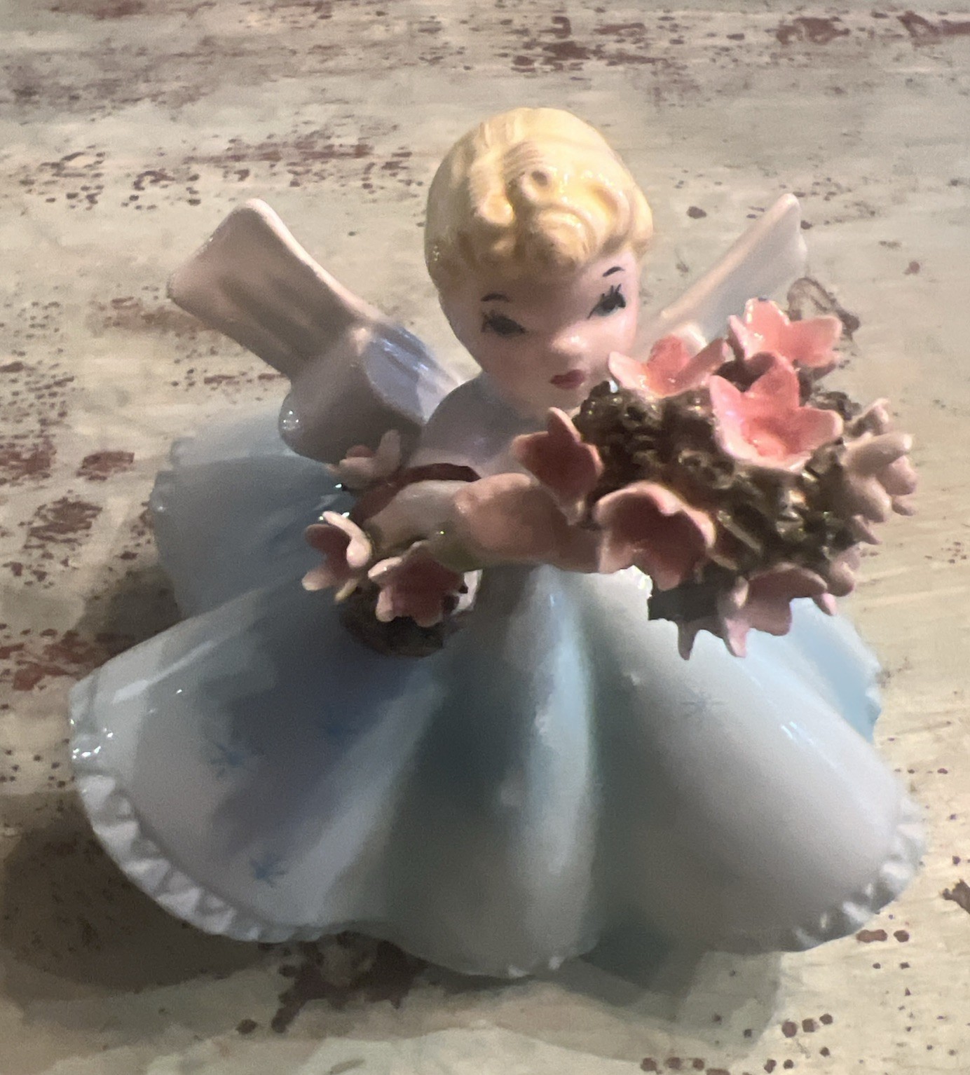 Vintage LEFTON’S JAPAN BLOND GIRL w/ FLOWER BASKET & BOUQUET, Blue Gown, #1450B