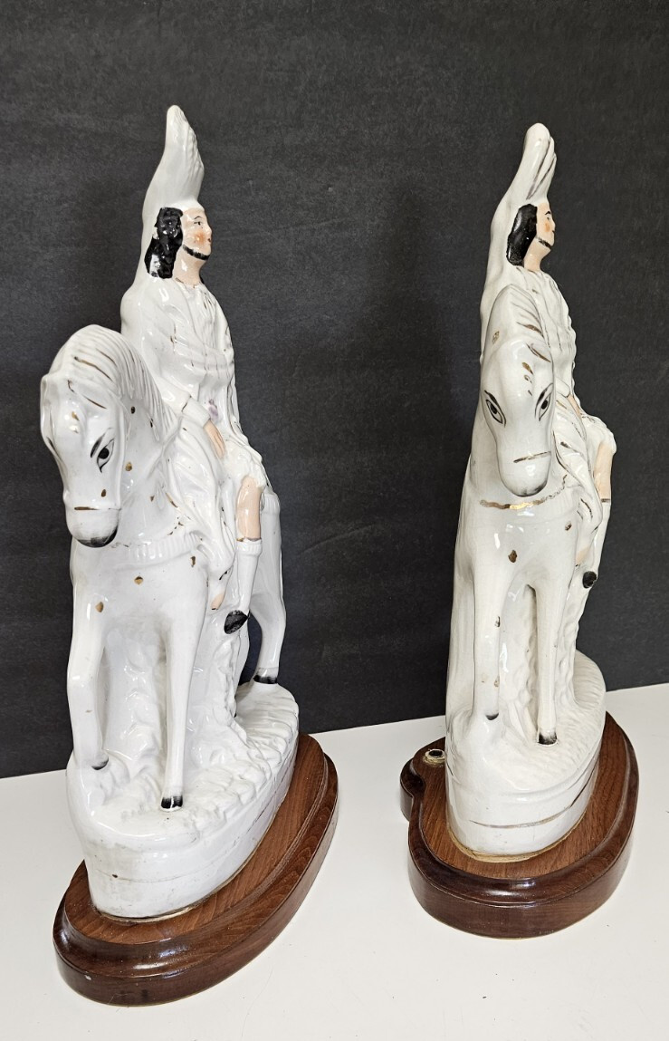 Staffordshire Scottish Highlander Mounted Hunters Base Lamp Pair 16″ Antique