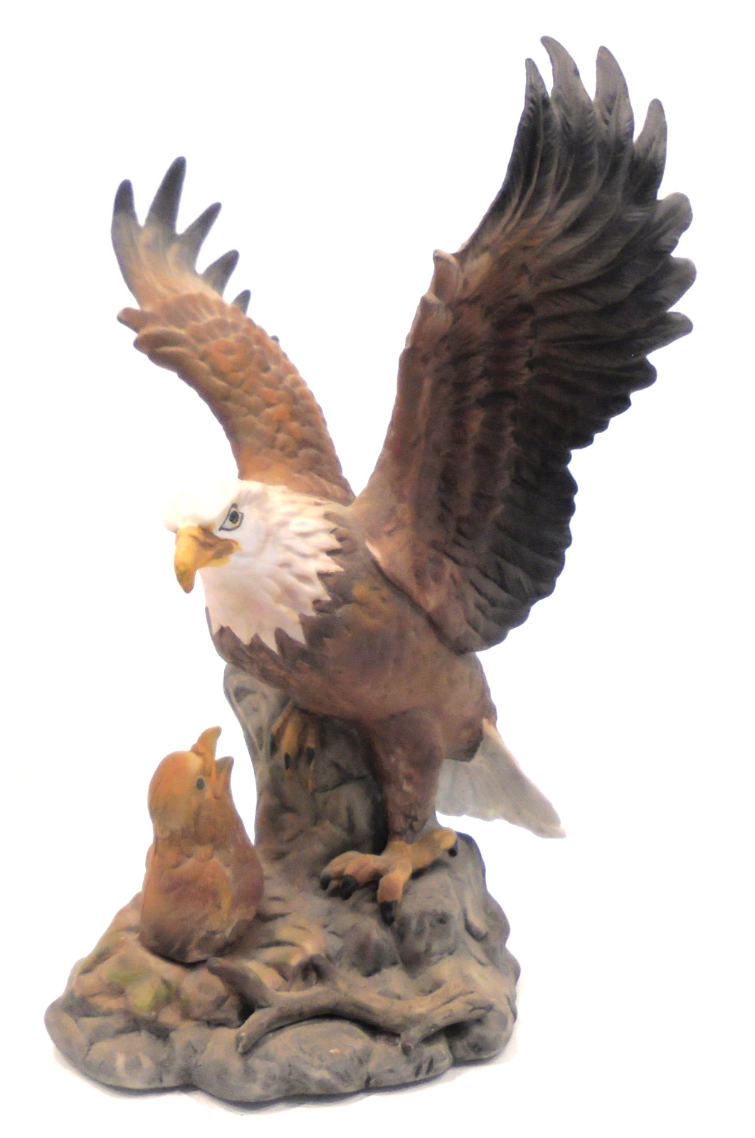 Vintage Porcelain Open Winged Bald Eagle and Baby in Nest Collectible 8.5″