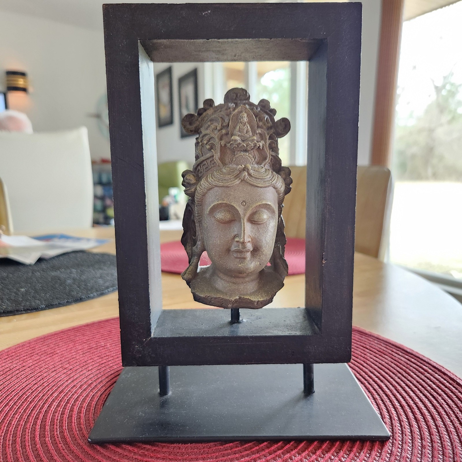 Resin Sculpture of Buddhist Diety Tara on Metal Stand in Wooden Floating Frame