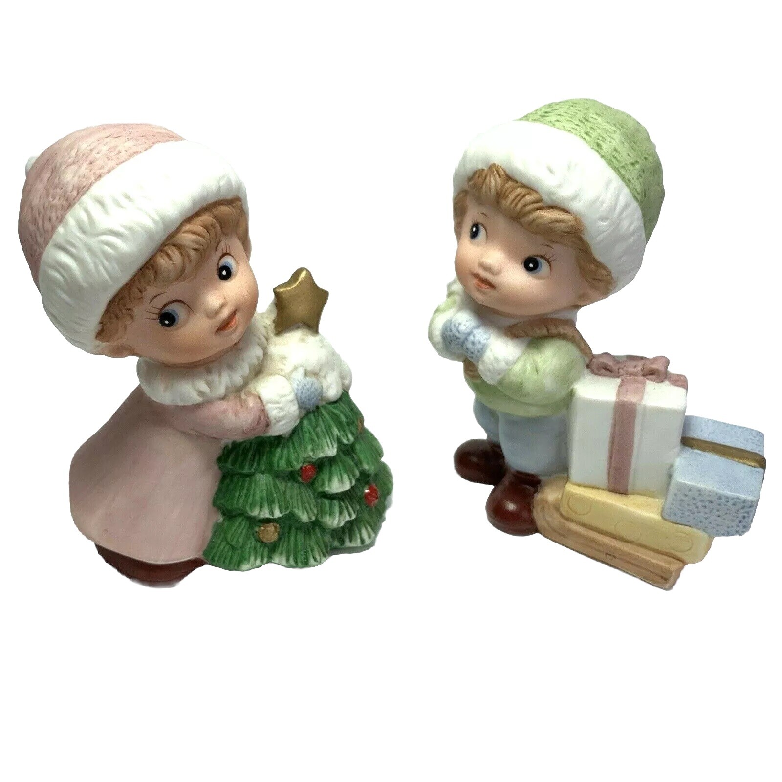 HOMCO Boy Girl Figurines Christmas Tree Presents #5556 Pink Dress Vintage Kitsch