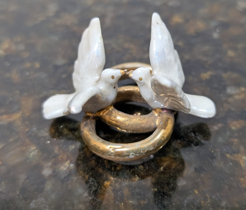 Antique German Porcelain Dove & Gold Rings Wedding Anniversary Figurine Cake Top