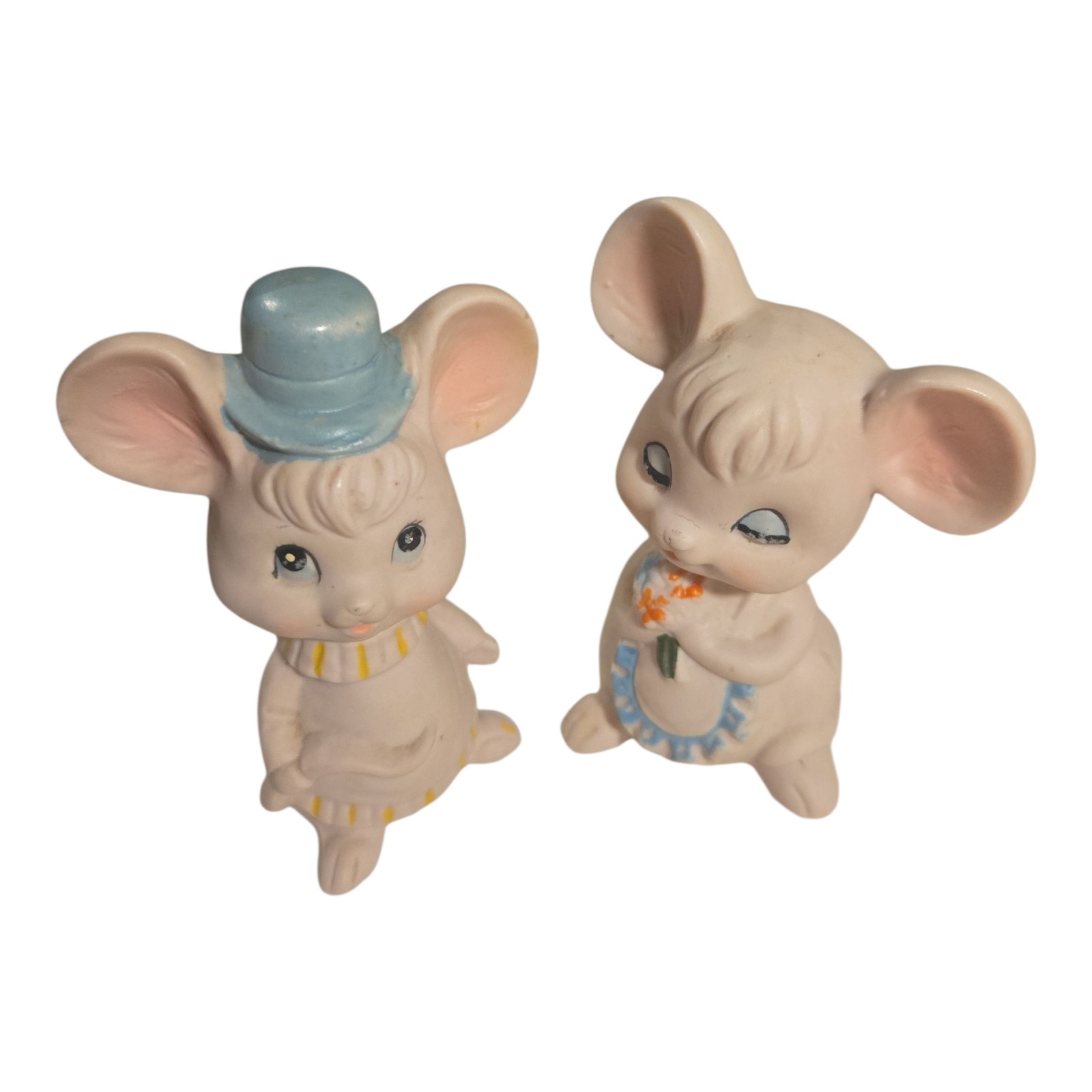 ​VINTAGE Bisque Ceramic Mouse Couple Figurines Boy in Hat Girl with Flowers Mice