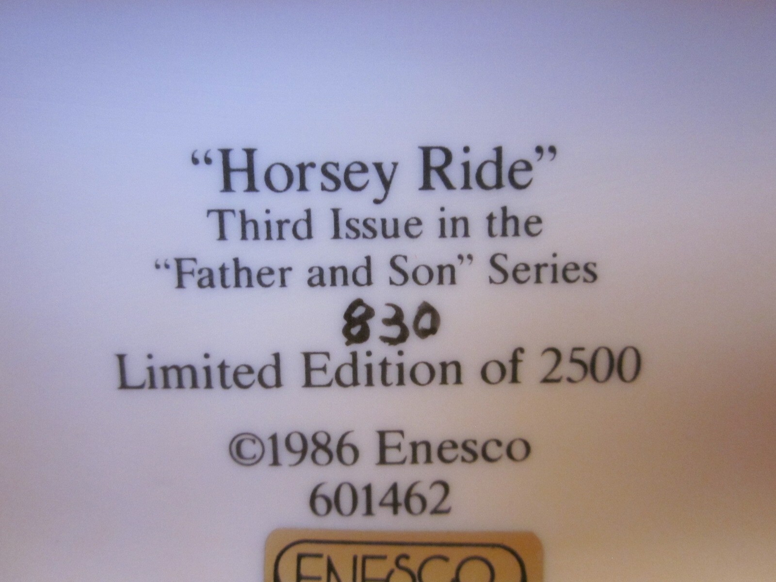 ENESCO 1986 Father & Son Series “Horsey Ride” Figurine Original Box, COA ID Card