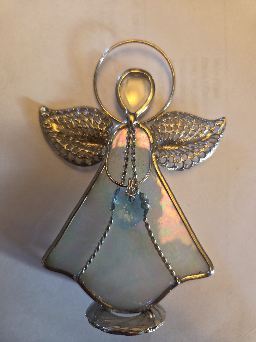 stained glass and silver Angel ornament or freestanding.Figurine blue heart